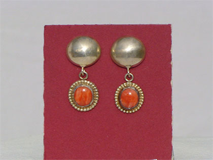 Two tiered sterling silver post earrings first tier sterling silver domed second tier 8mm oval orange oyster shell